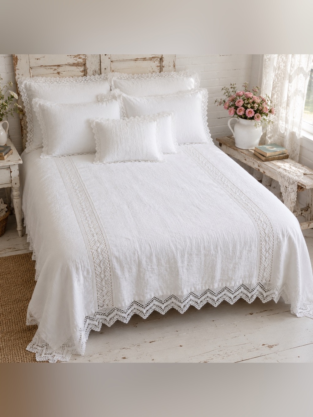 Rachel Ashwell Shabby Chic Couture Cluny Lace White Linen Duvet Cover Crochet